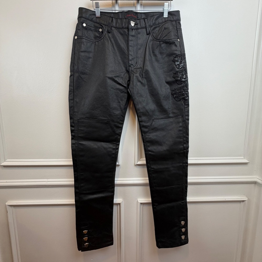 RMC Murder Backwards Mens Black Coated Waxed Denim Pistol Embroidered Moto Pants